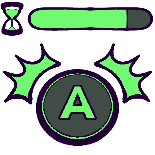 A drawing of a flashing green “A” button, like one on a video game controller. Above it is an icon of an hourglass and a progress meter that’s mostly full. 